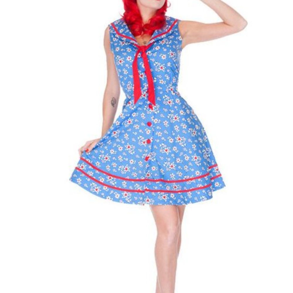 Voodoo Vixen Blue Floral Sailor Mini Dress with Red Trim